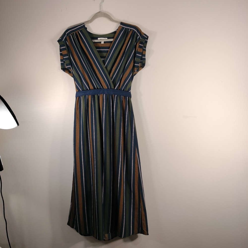 Monteau Los Angeles Striped Midi Dress Blue Green Mustard Surplice 59786 Mens M